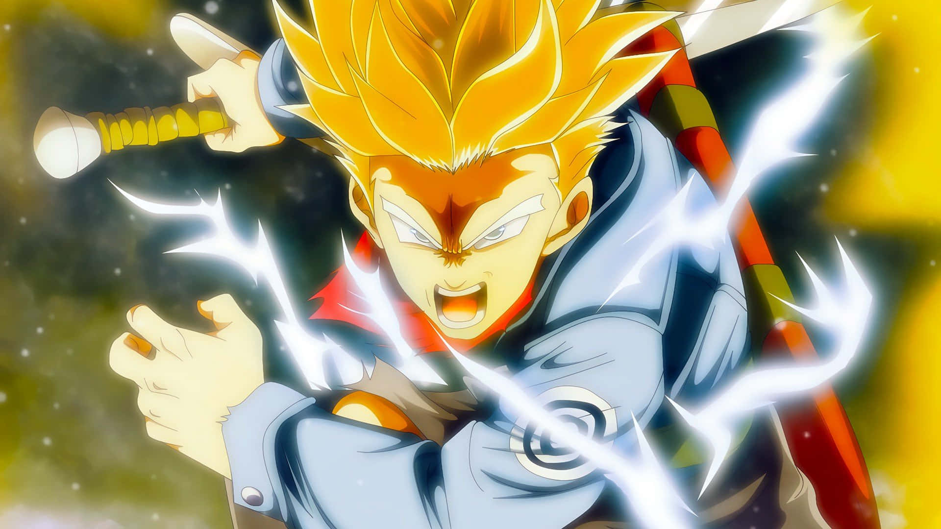 Trunks, spiky-haired anime warrior, lightning crackling around fists, Full HD Desktop Wallpaper