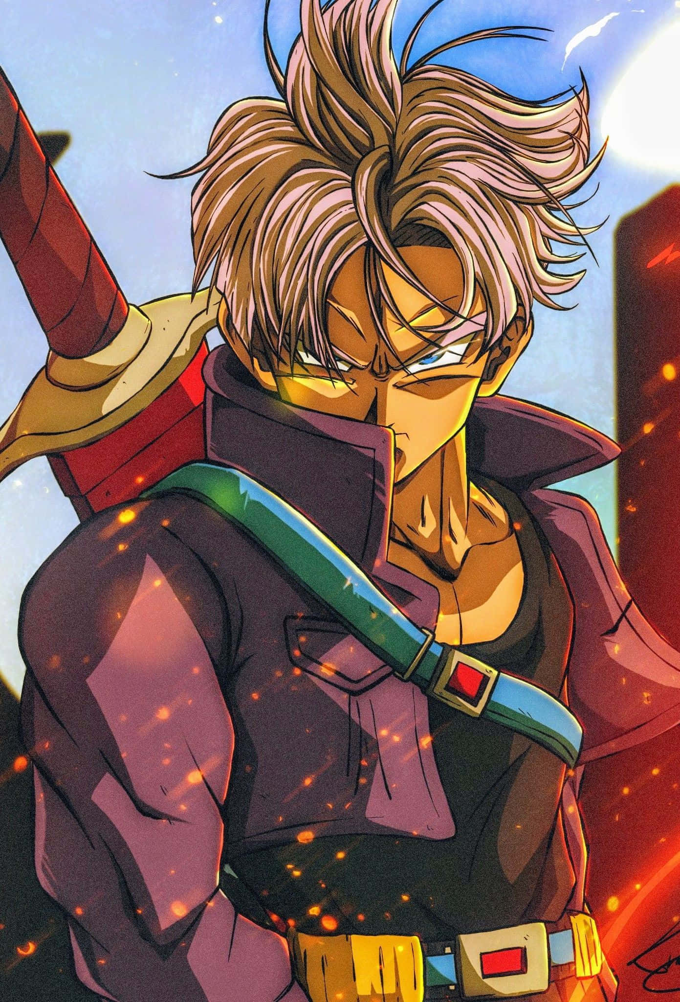 Trunks, spiky blonde hair, glowing eyes, Full HD Phone Wallpaper