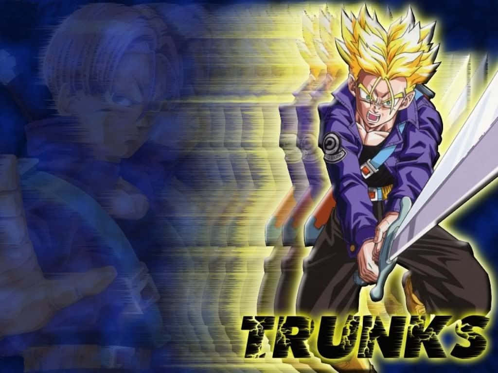 Trunks, glowing sword, blue and yellow motion-blurred background, SD Desktop Wallpaper