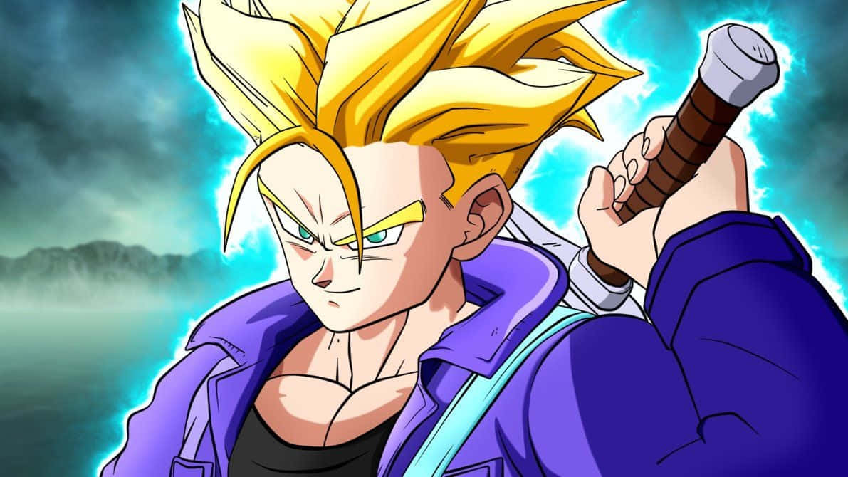 Trunks, spiky golden hair, glowing blue aura, SD Desktop Wallpaper