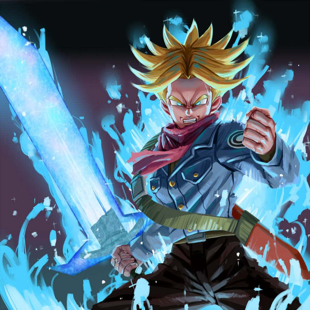 Trunks, spiky blonde hair, glowing blue sword, SD Desktop Wallpaper