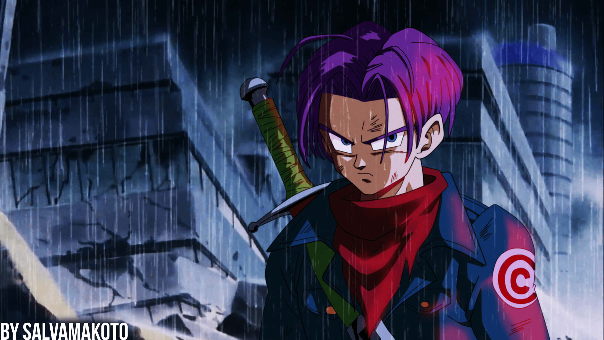Trunks, purple hair, rainy urban alley, Full HD Desktop Wallpaper
