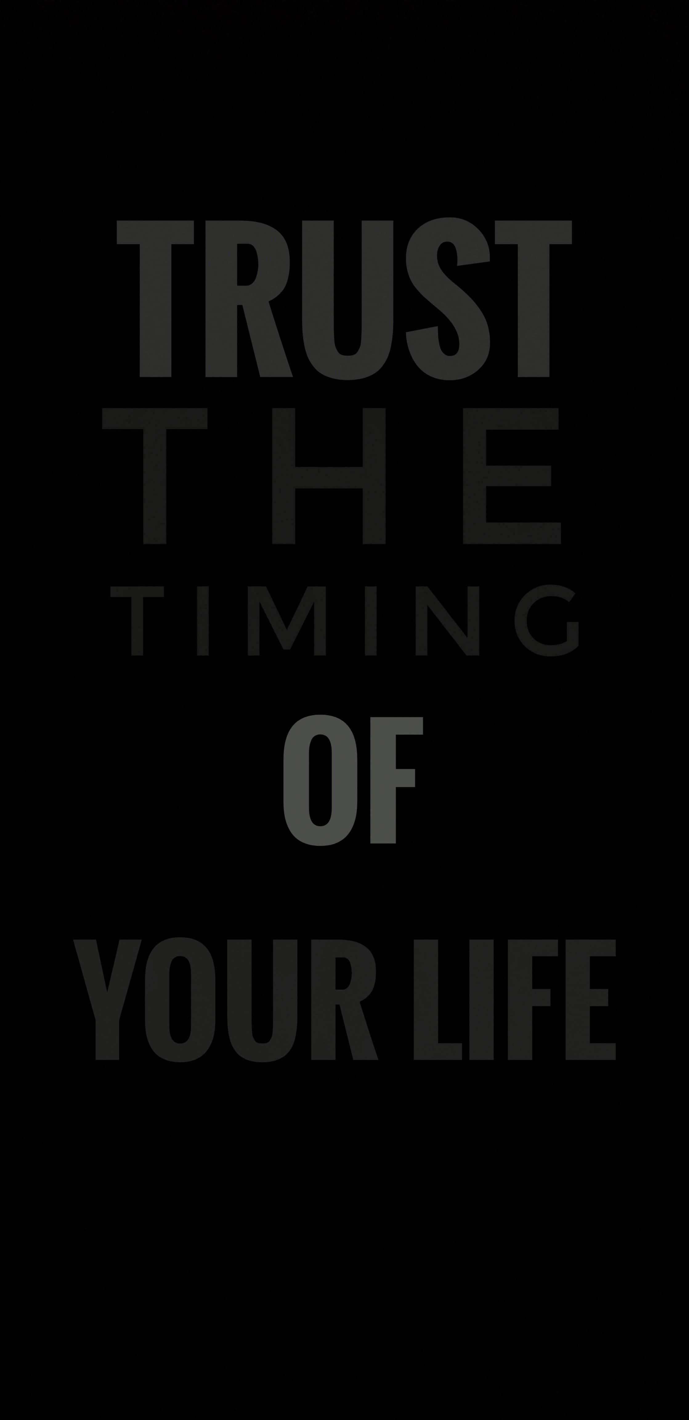 TRUST THE TIMING OF YOUR LIFE, gray sans-serif font, solid black background, 4K Phone Wallpaper