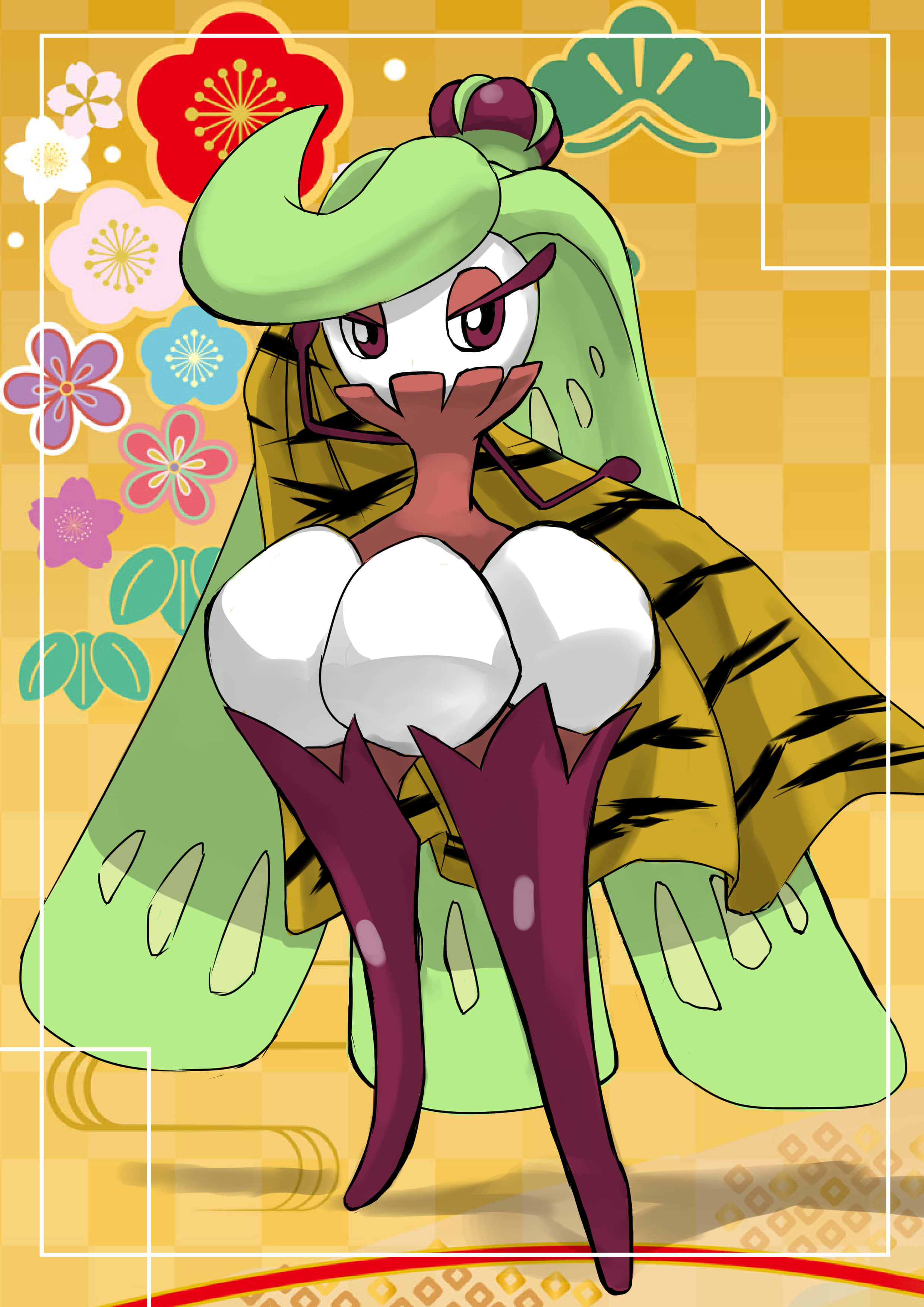 Tsareena, green hair, floral cape, 2K Phone Wallpaper