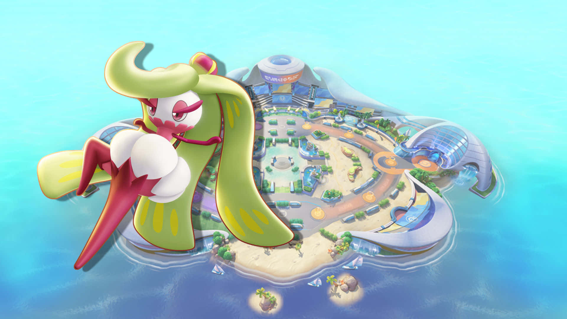 Tsareena, anime-style island, green and red creature, Full HD Desktop Wallpaper