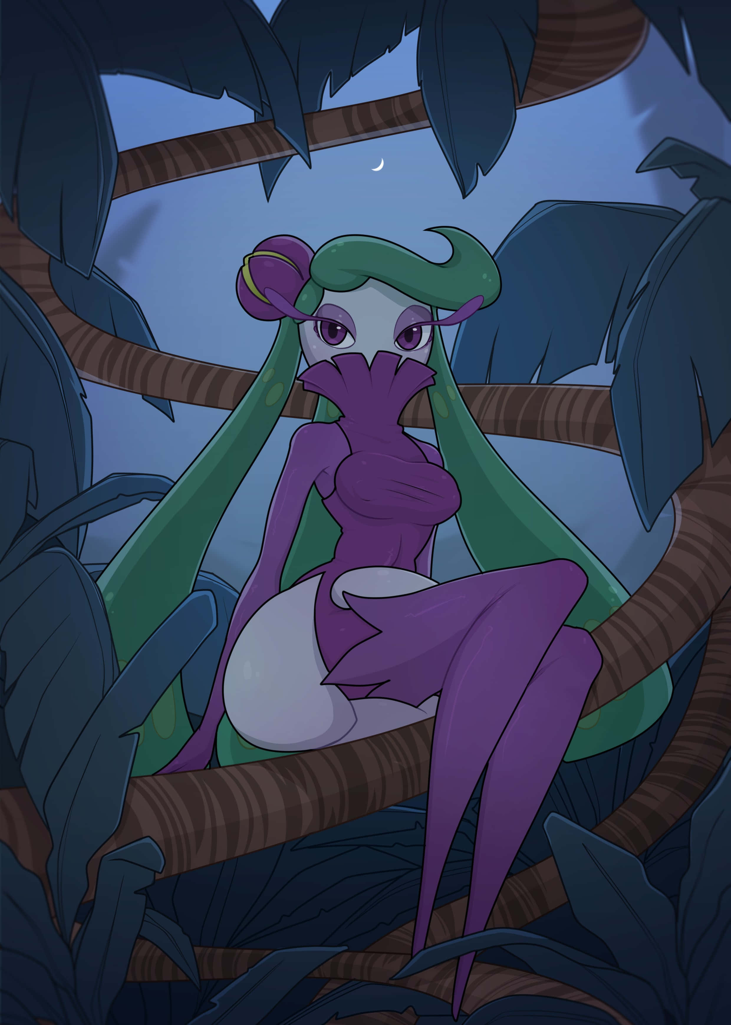 Tsareena, nighttime jungle, crescent moon, 2K Phone Wallpaper