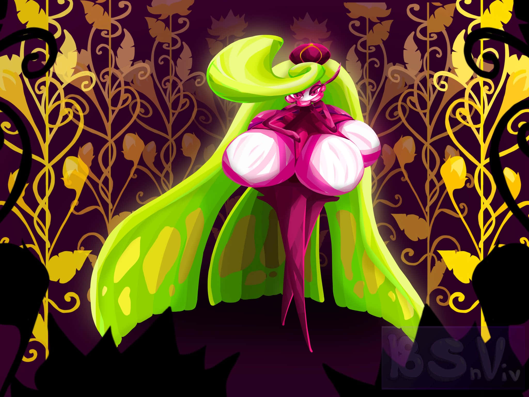 Tsareena, glowing green wings, pink floral attire, Full HD Desktop Wallpaper