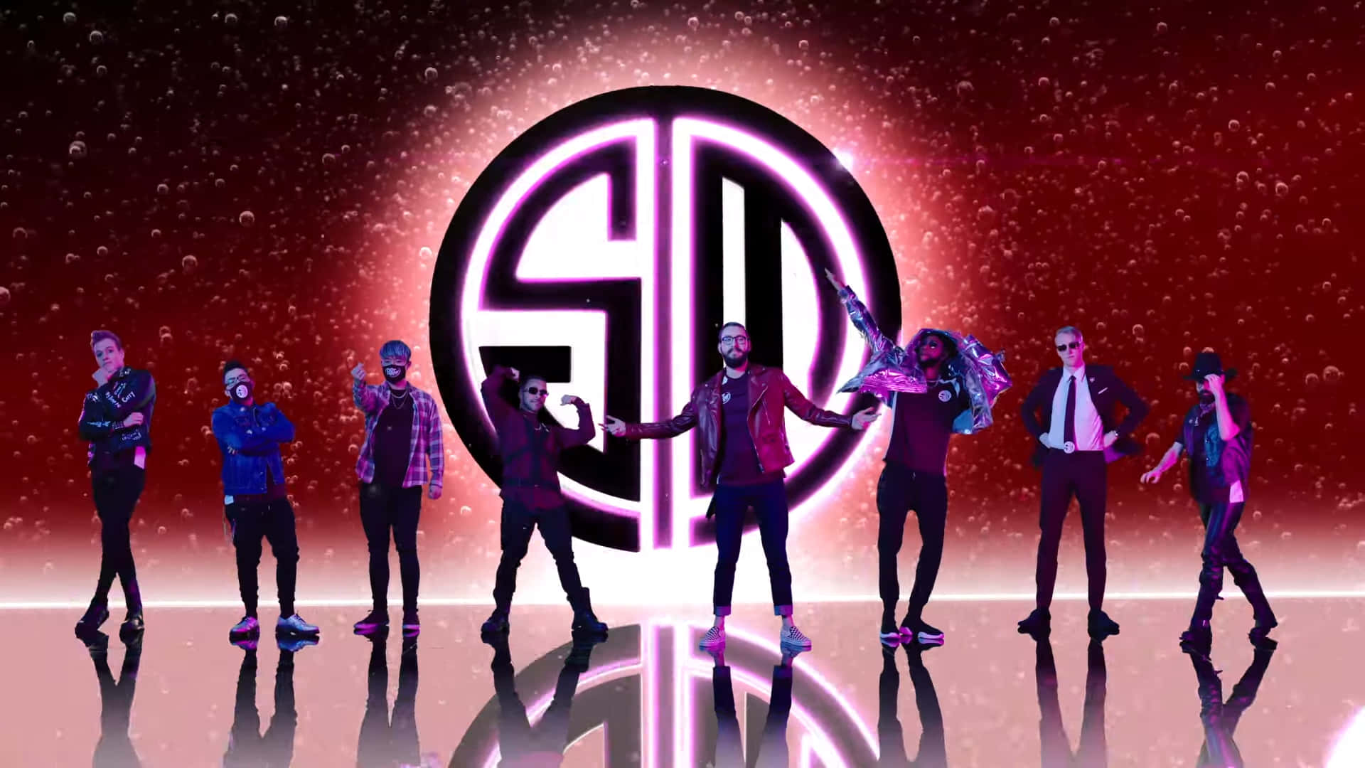 TSM, glowing pink neon lights, cosmic red backdrop, Full HD Desktop Wallpaper