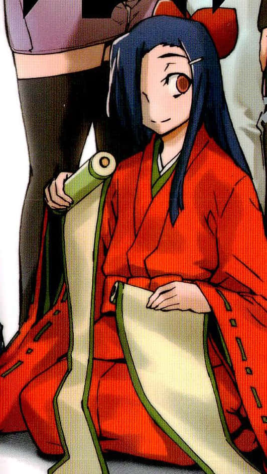 Tsubaki Kasugano, red kimono, scroll, SD Phone Wallpaper