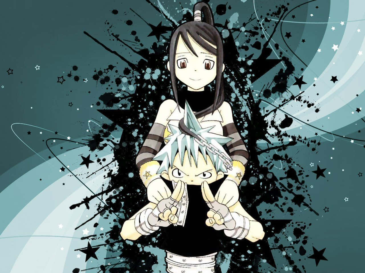 Tsubaki Nakatsukasa, teal background, black splatter, HD Desktop Wallpaper
