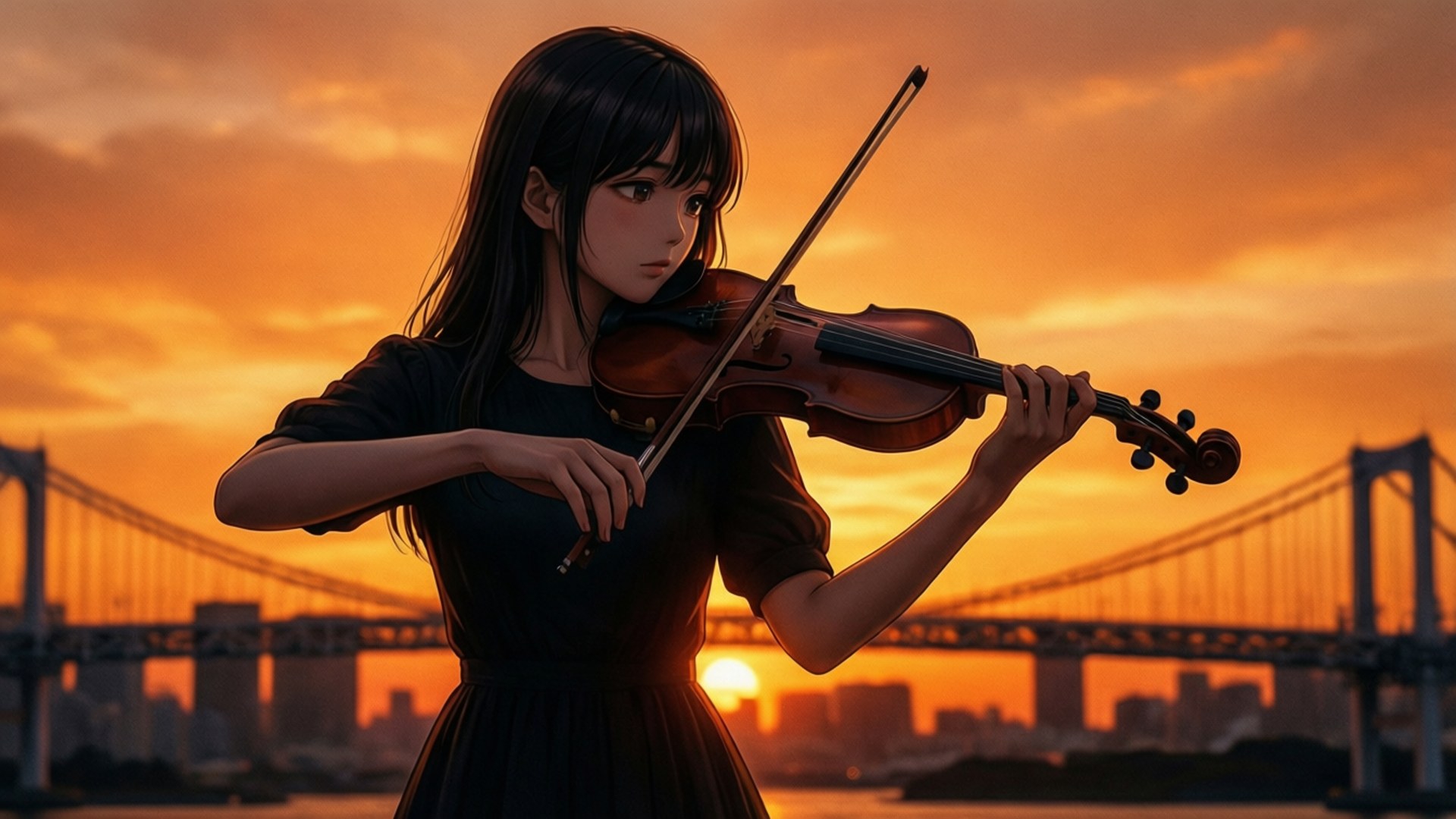 Tsubaki Sawabe, violin, sunset, Full HD Desktop Wallpaper