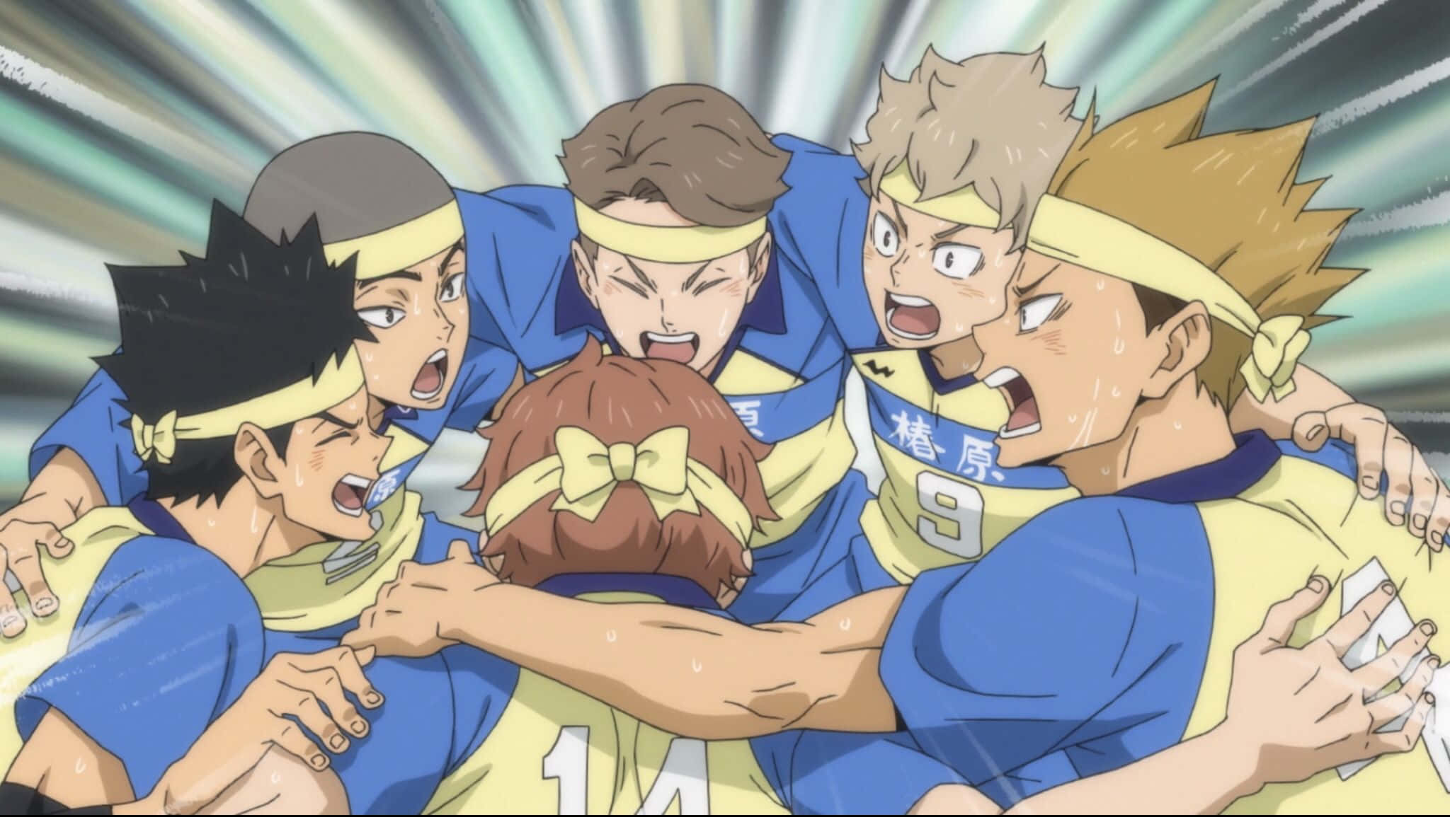 Tsubakihara, anime volleyball players, blue and yellow uniforms, Full HD Desktop Wallpaper