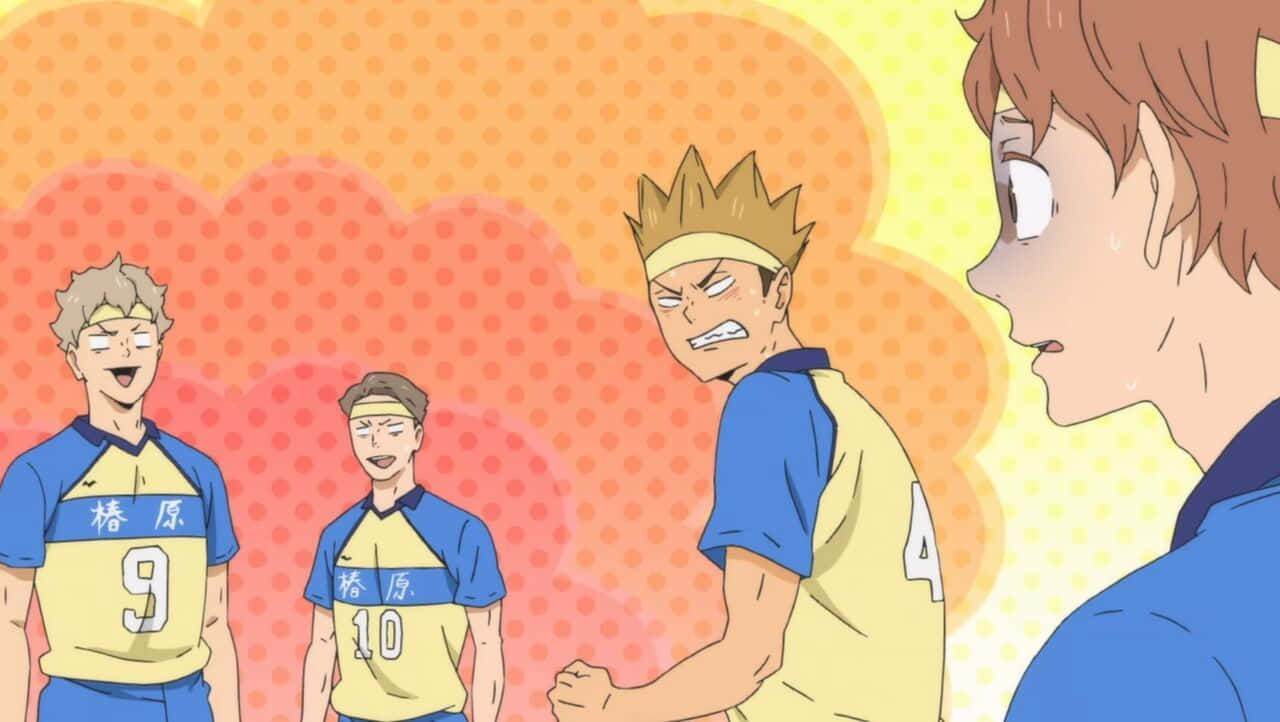 Tsubakihara, blue and yellow jerseys, vibrant orange and yellow polka dot background, HD Desktop Wallpaper