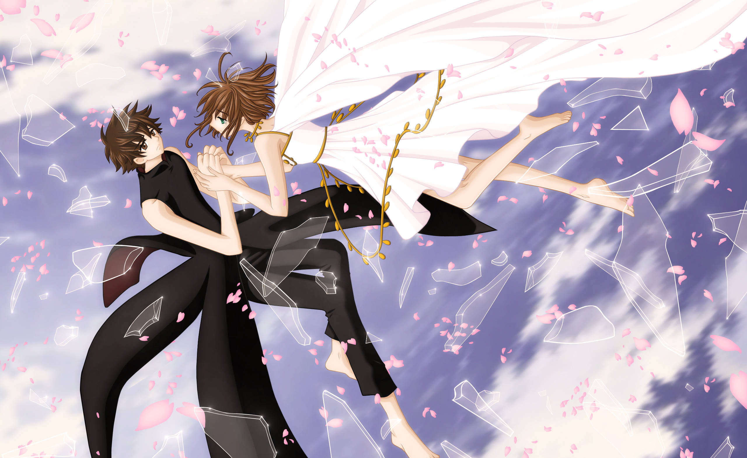 Tsubasa Reservoir Chronicle, glass shards, pink cherry blossoms, 2K Desktop Wallpaper