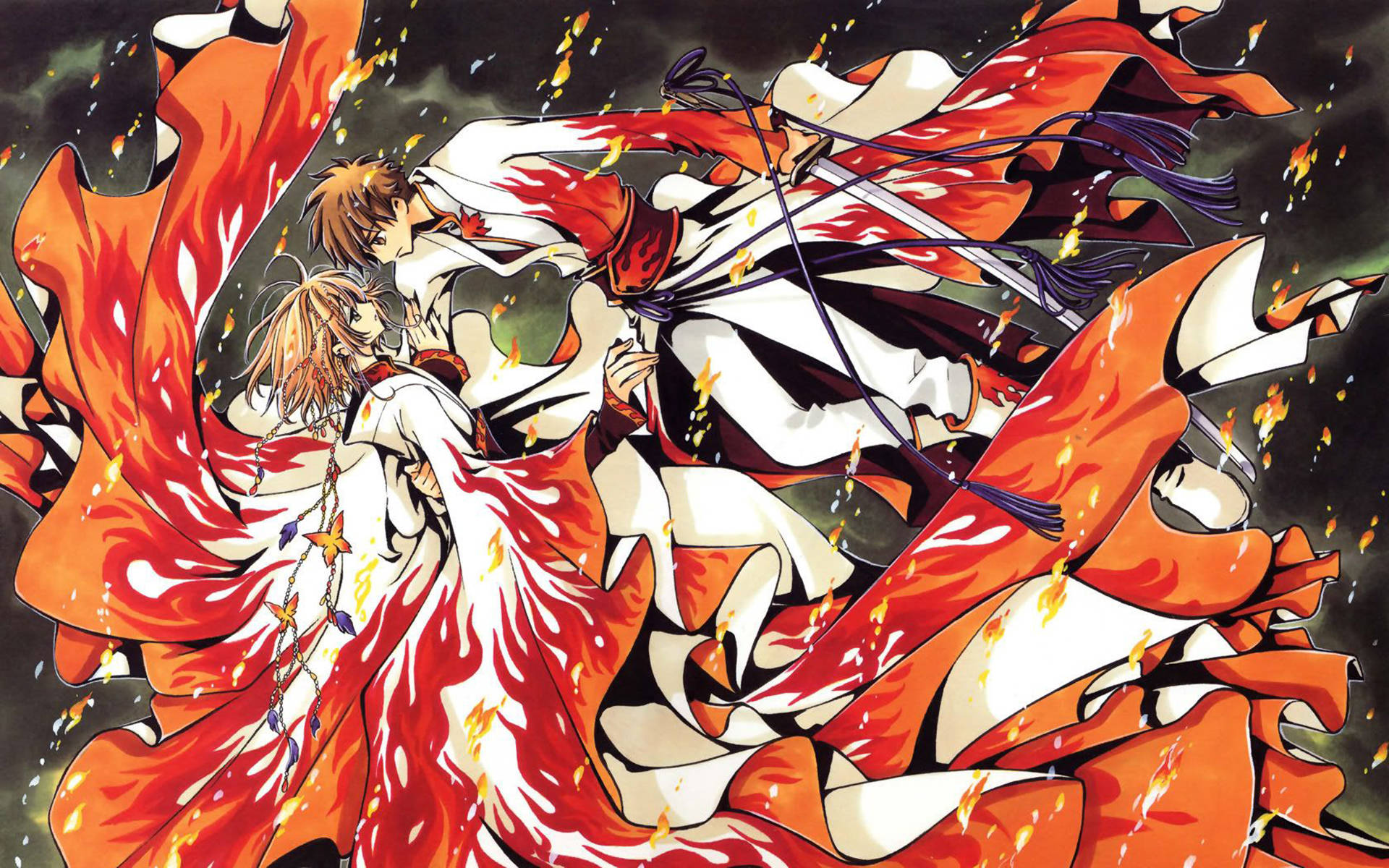 Tsubasa Reservoir Chronicle, fiery orange, red and white robes, Full HD Desktop Wallpaper