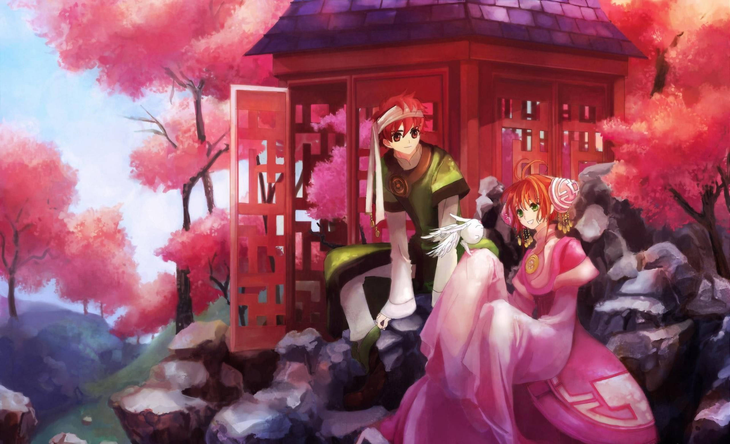 Tsubasa Reservoir Chronicle, blooming garden, red pagoda, 2K Desktop Wallpaper