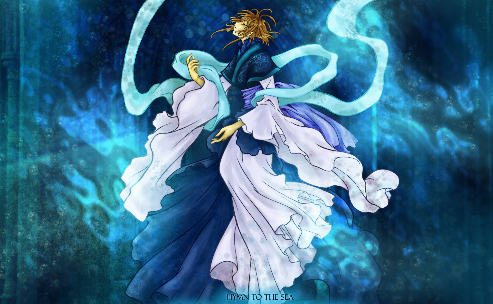 Tsubasa Reservoir Chronicle, golden-haired anime figure, flowing blue and white robes, Full HD Desktop Wallpaper