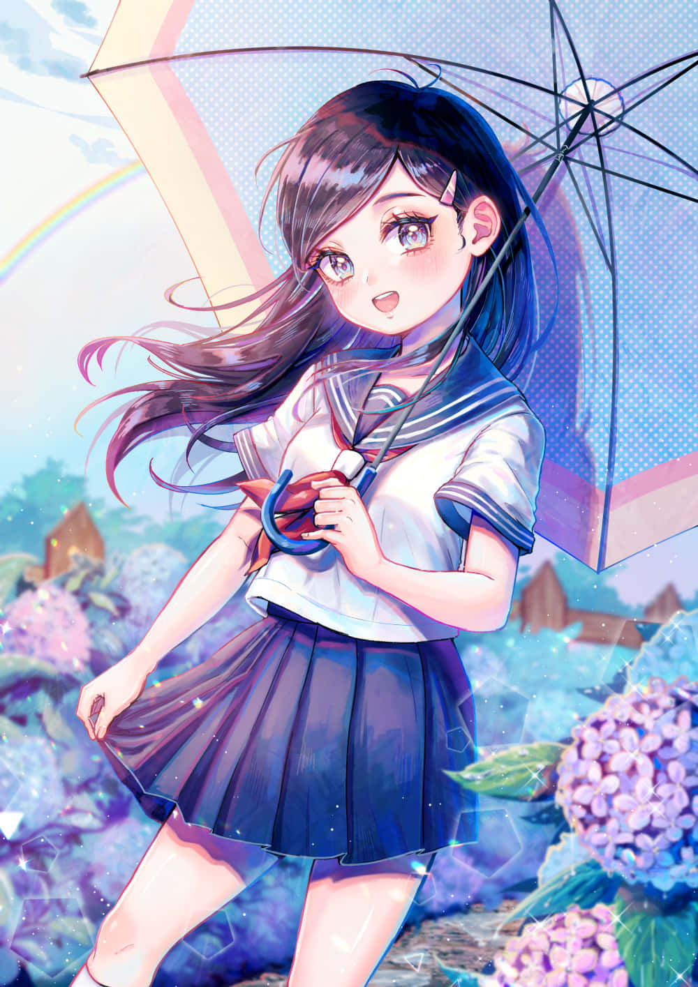 Tsubomi Takane, sailor uniform, transparent umbrella, HD Phone Wallpaper