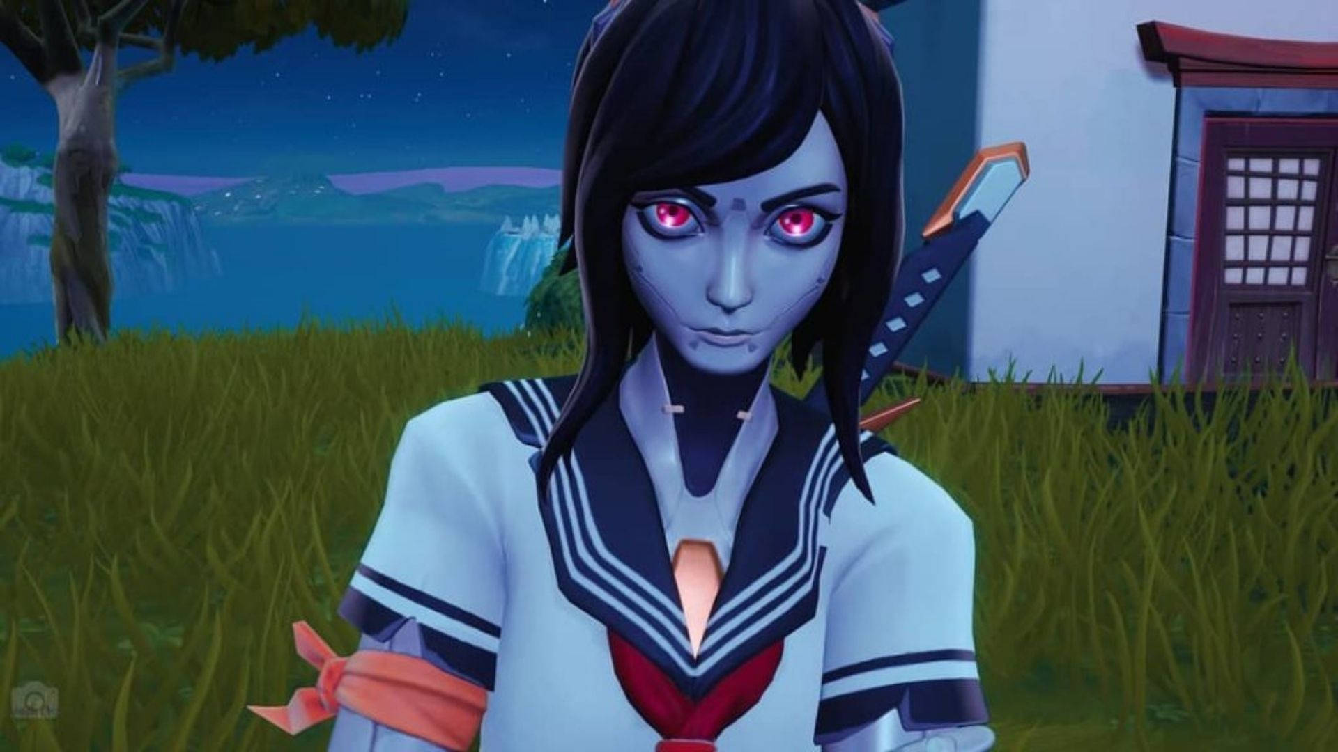 Tsuki Fortnite, glowing red eyes, katana, Full HD Desktop Wallpaper