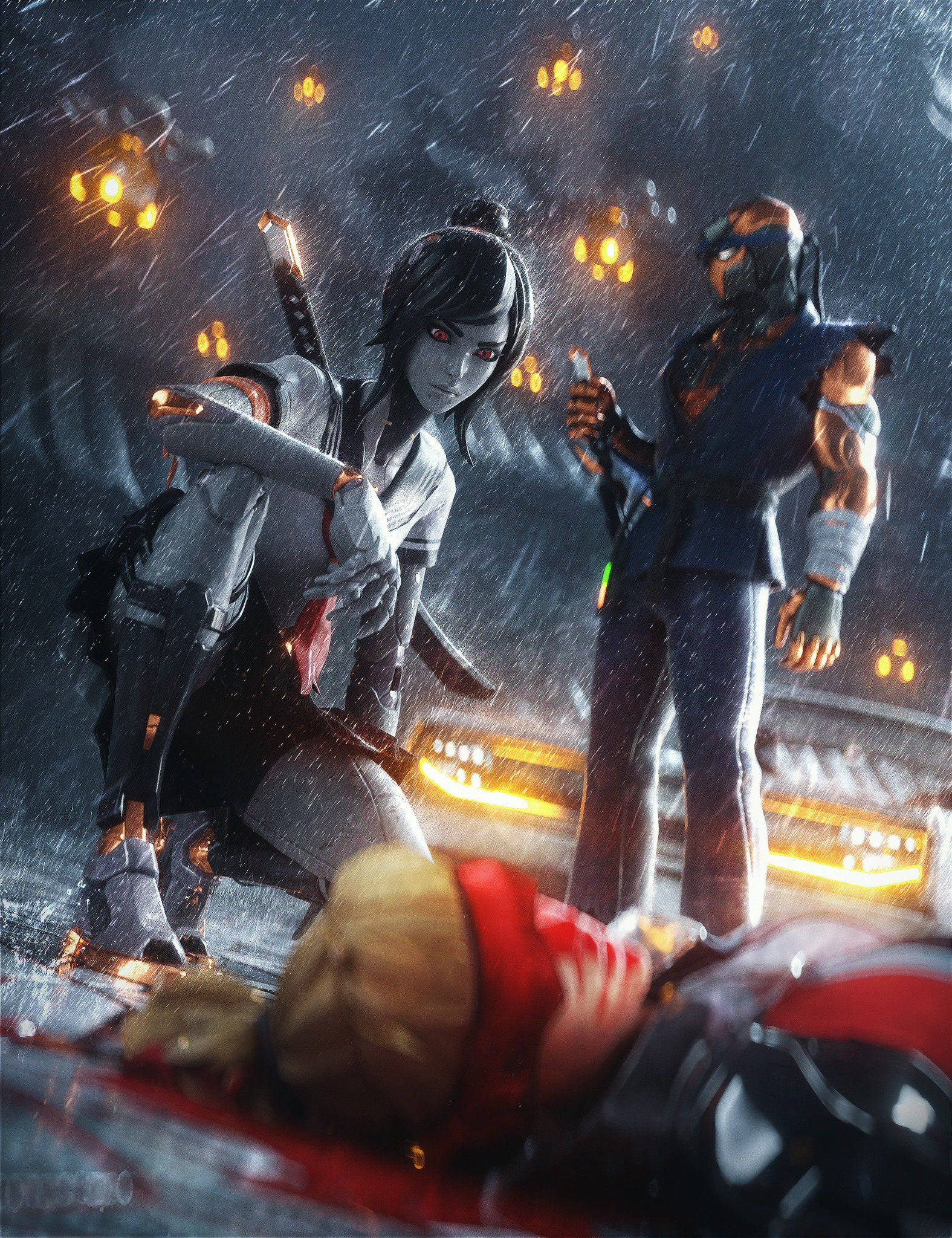 Tsuki Fortnite, rainy night, urban alley, Full HD Phone Wallpaper