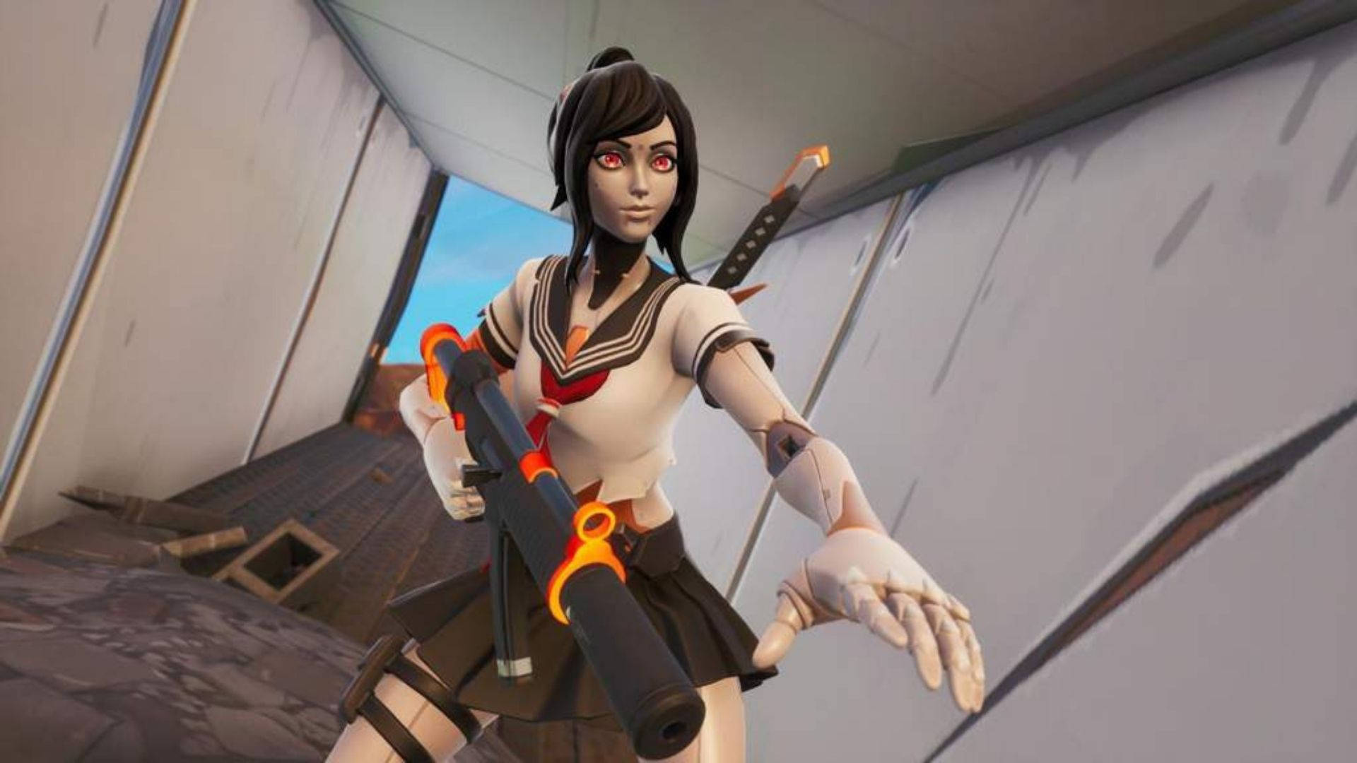 Tsuki fortnite, sailor outfit, glowing orange weapon, Full HD Desktop Wallpaper
