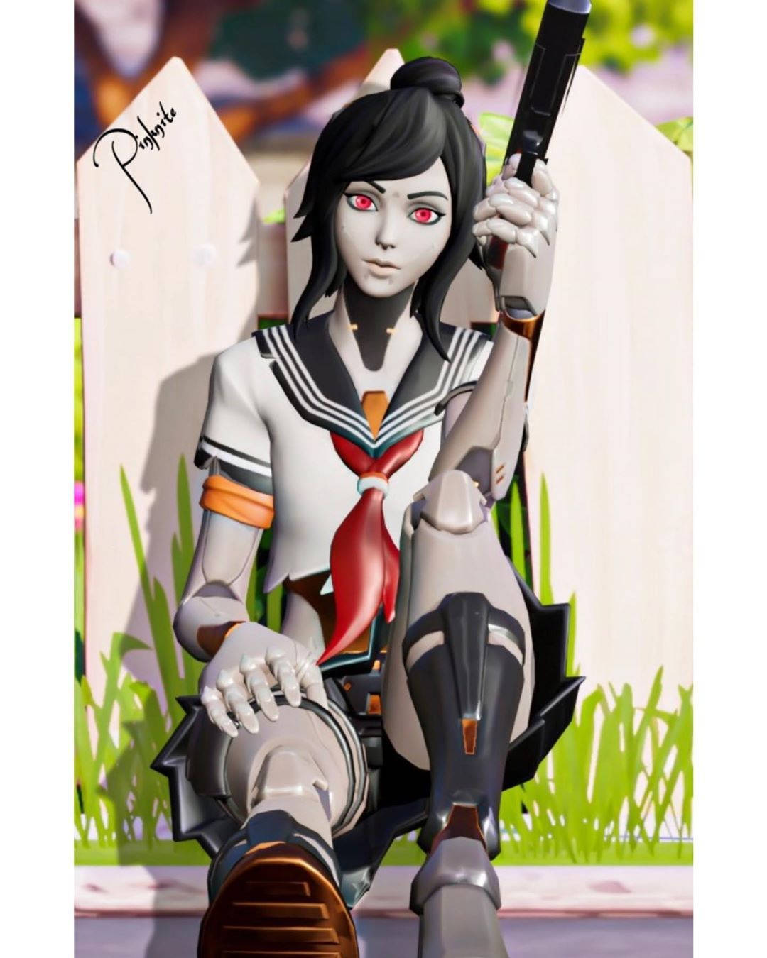 Tsuki Fortnite character, cybernetic girl, sailor uniform, HD Phone Wallpaper