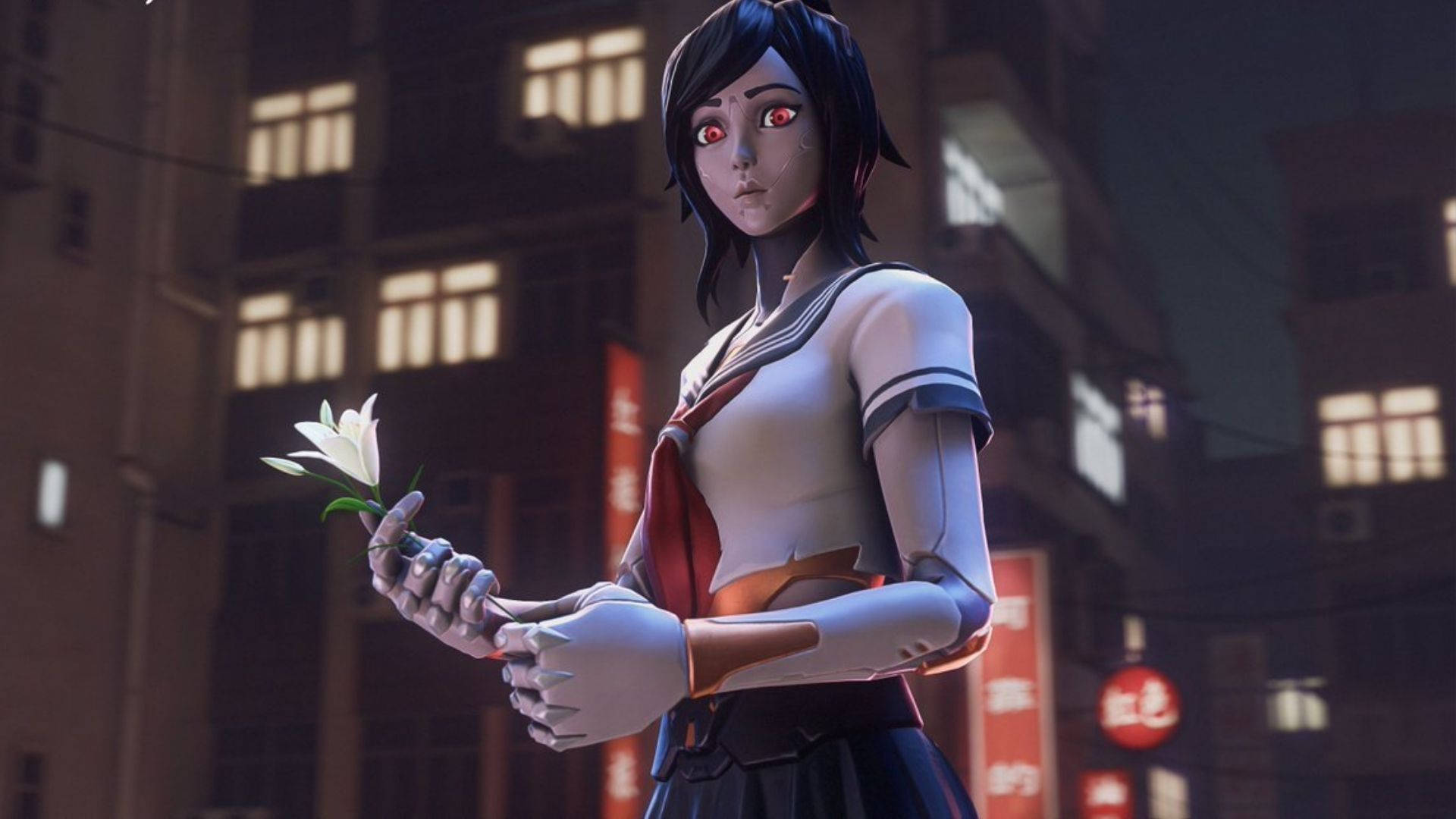 Tsuki fortnite, white lily, cybernetic girl, Full HD Desktop Wallpaper
