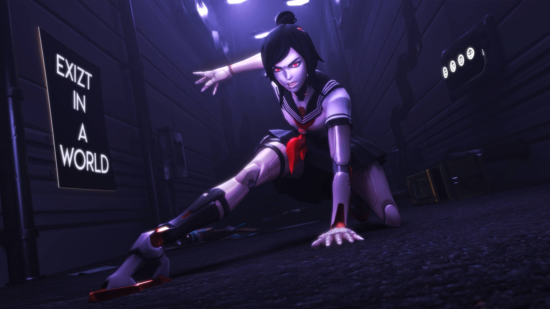 Tsuki Fortnite, cybernetic anime girl, school uniform, Full HD Desktop Wallpaper