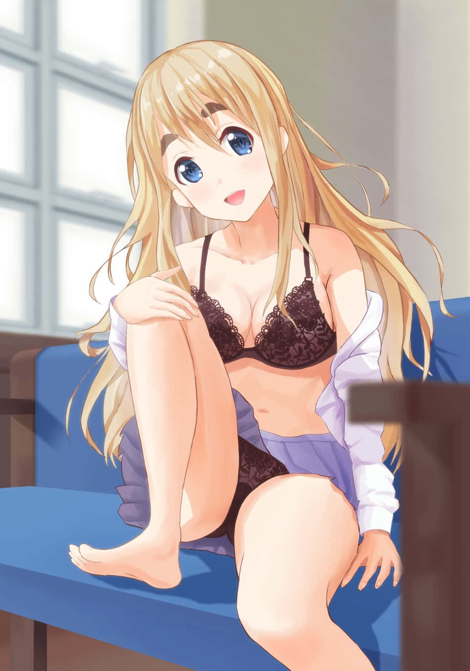 Tsumugi Kotobuki, blue couch, black lace lingerie, HD Phone Wallpaper
