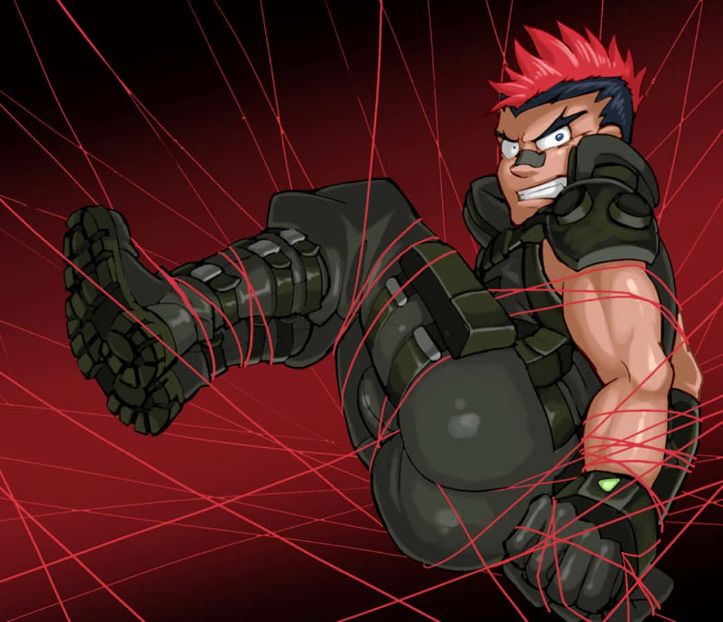 Tsumugu Kinagase, red spiky hair, green armor, SD Desktop Wallpaper