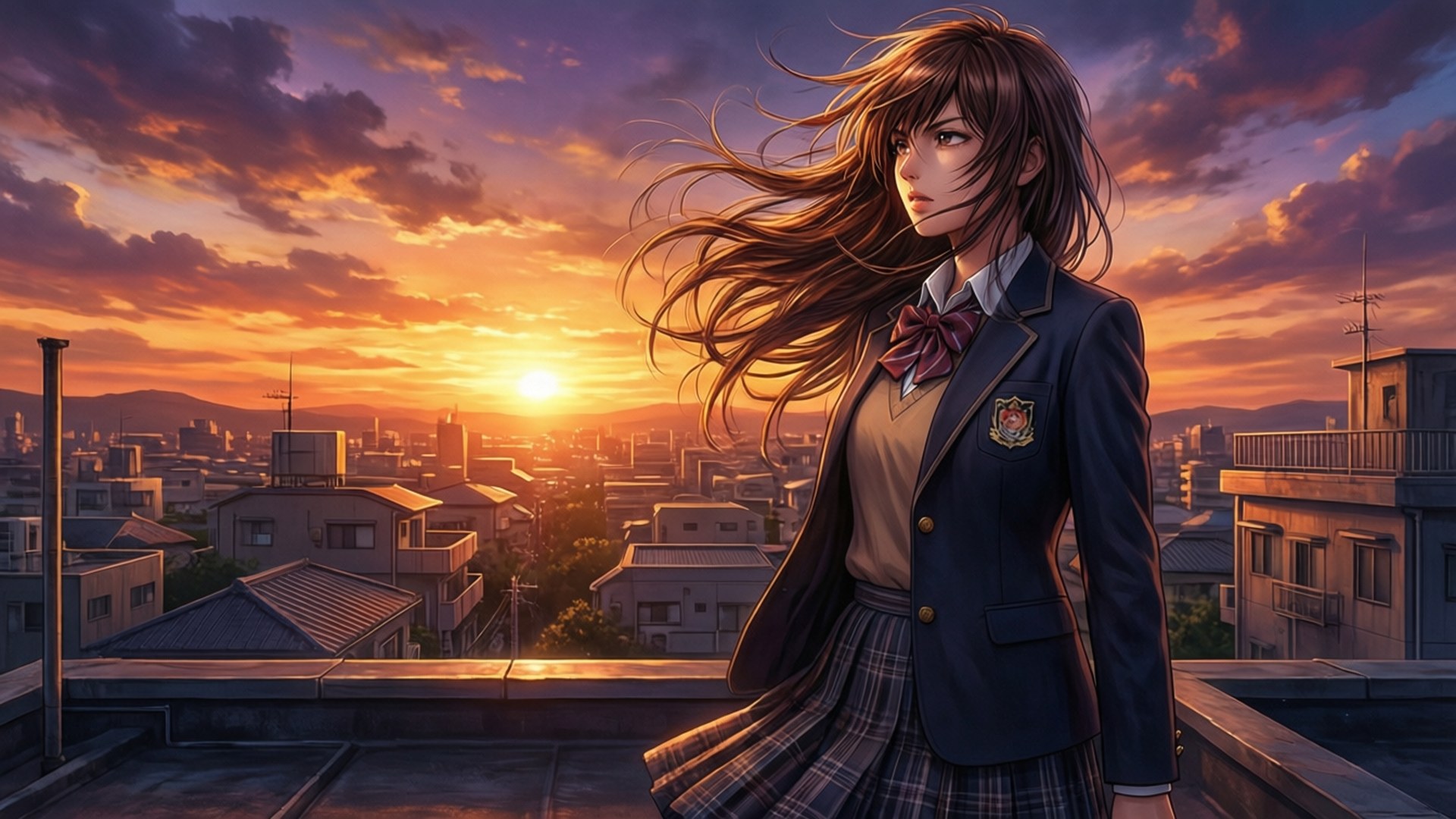 Tsumugu Kinagase, rooftop, sunset, Full HD Desktop Wallpaper