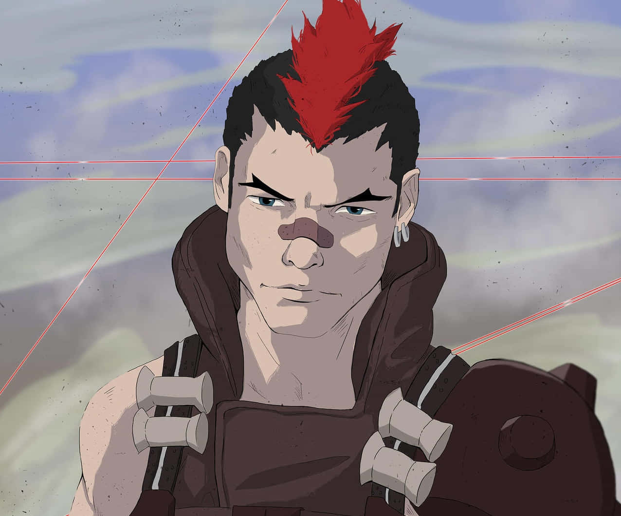 Tsumugu Kinagase, red mohawk, cybernetic gear, SD Desktop Wallpaper