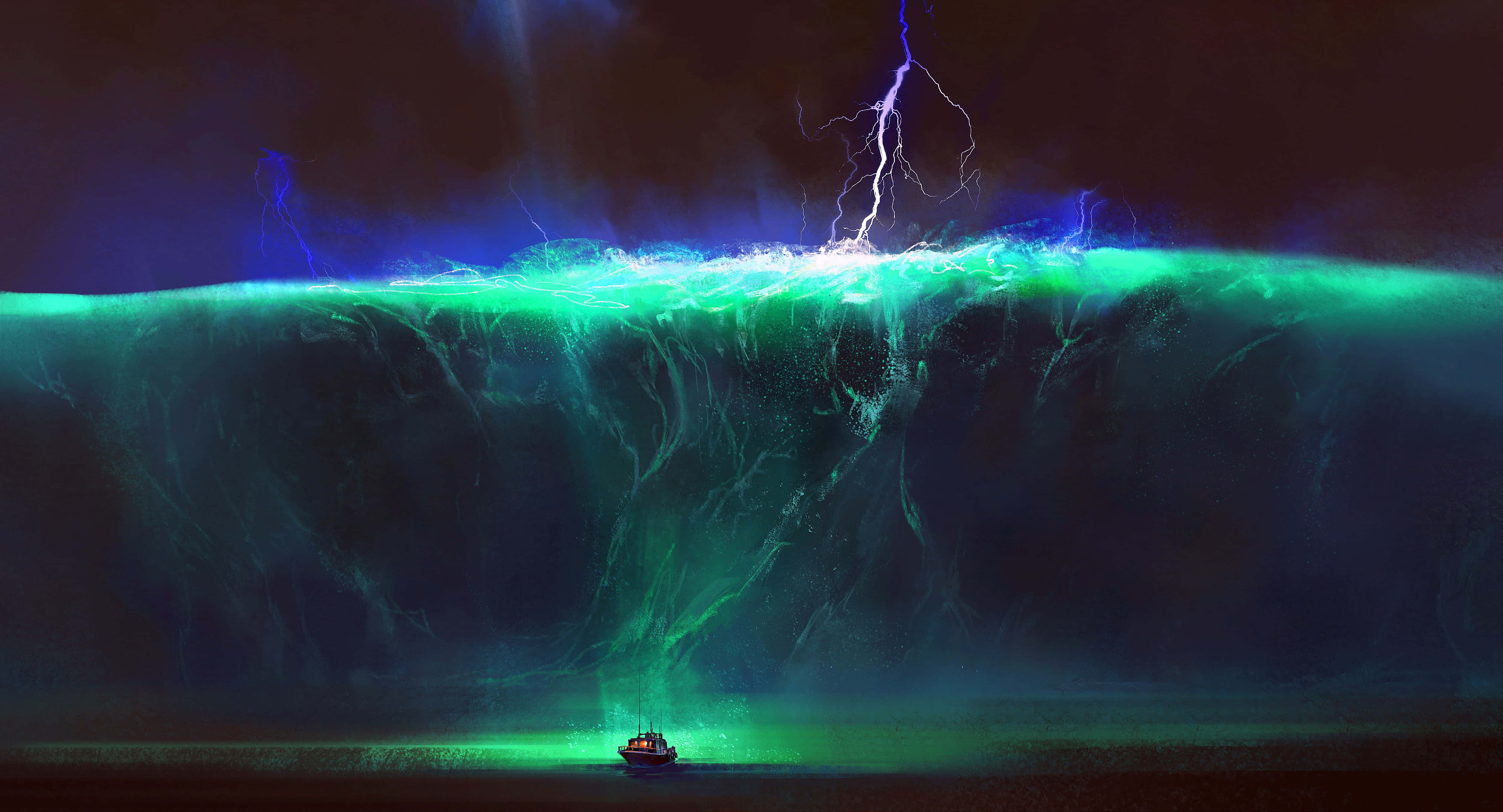 colossal glowing green wave, lightning cracks above, stormy night, 4K Desktop Wallpaper
