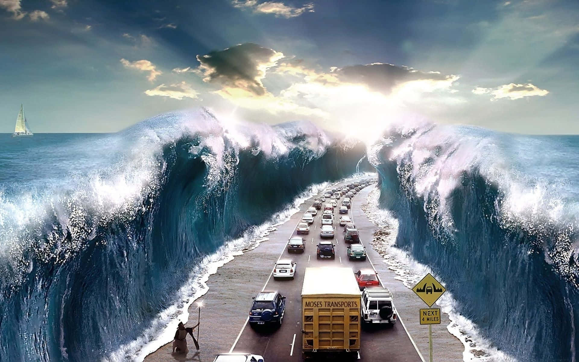 highway, colossal ocean waves, cars driving, Full HD Desktop Wallpaper