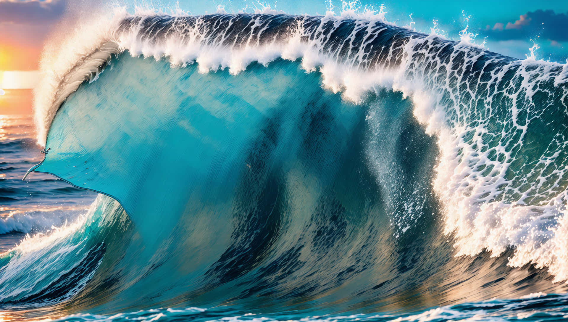 turquoise ocean wave, sunset, golden light, Full HD Desktop Wallpaper