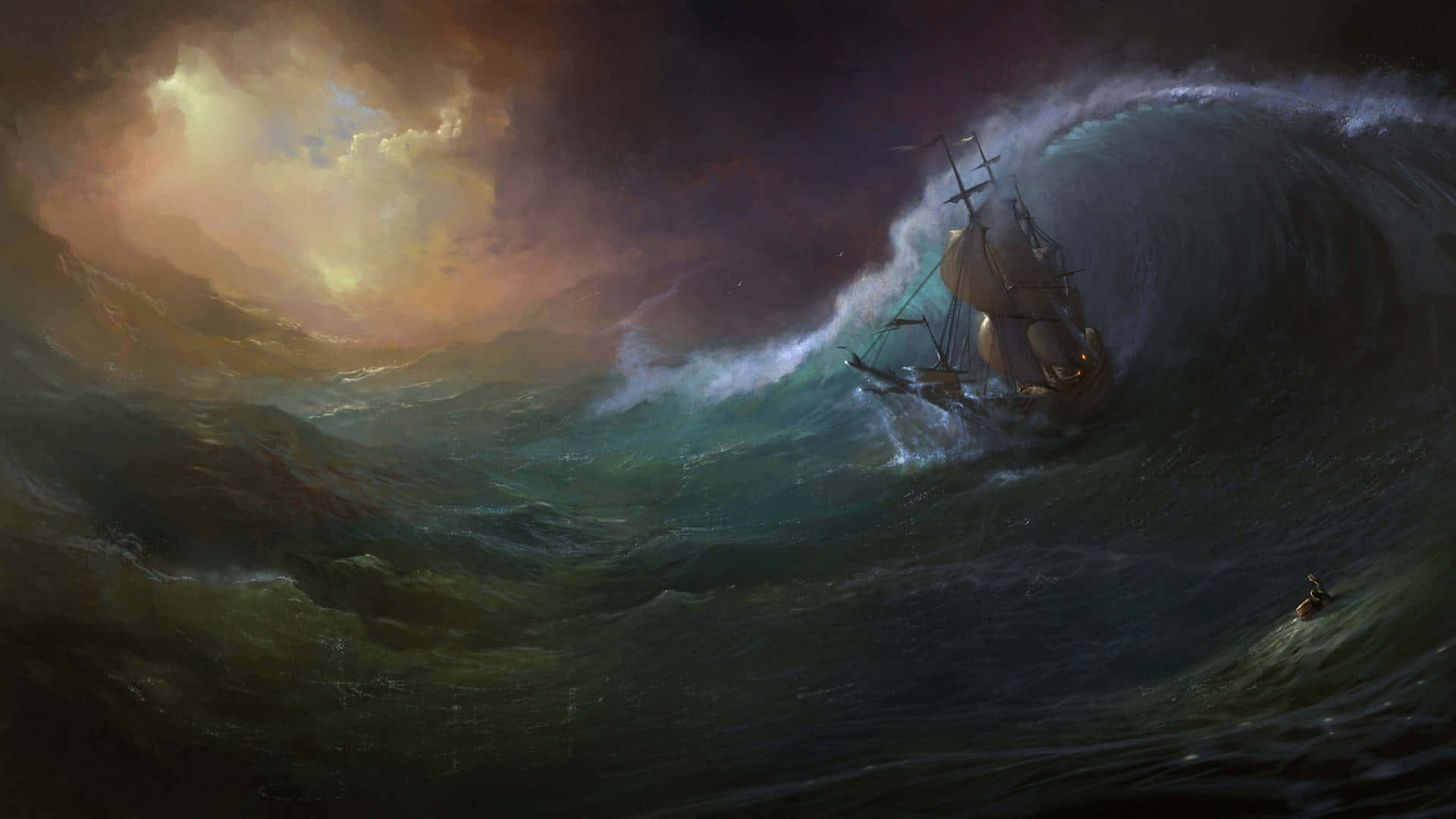 tsunami wave, ocean, stormy sky, Full HD Desktop Wallpaper