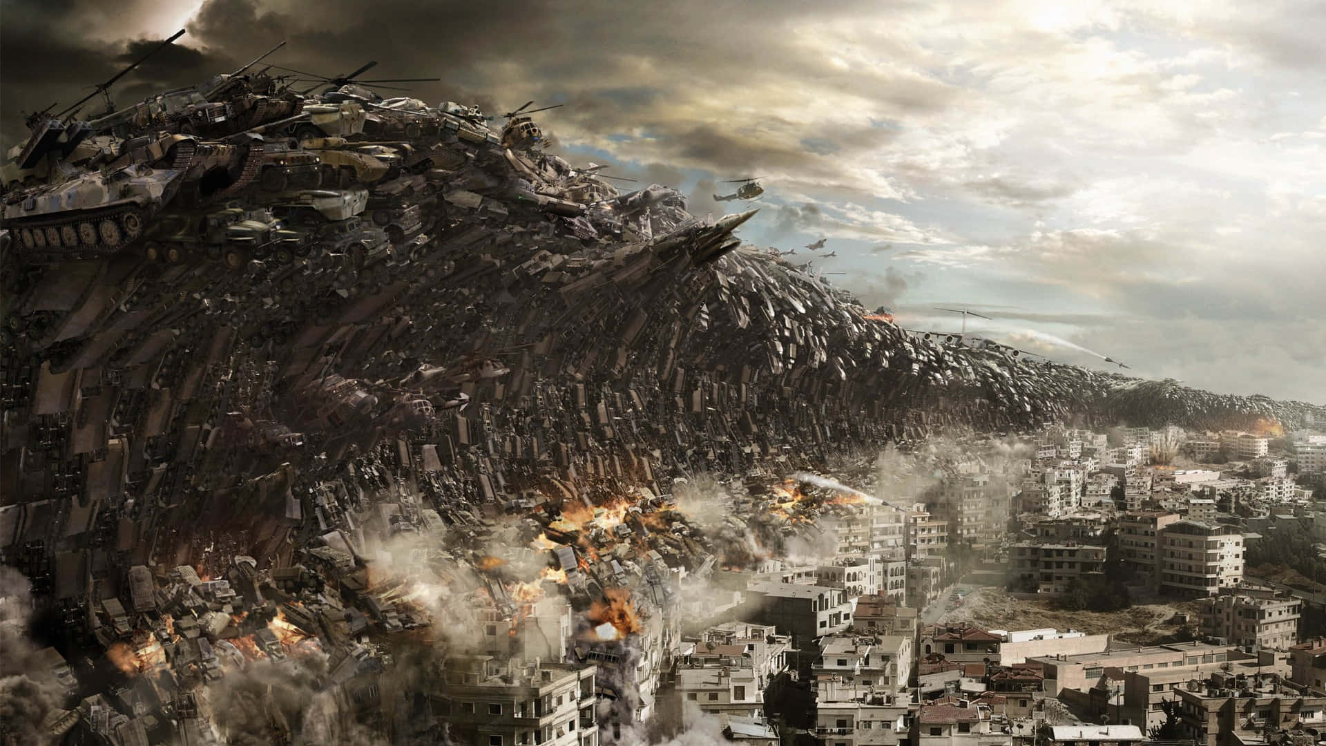 tsunami waves, cityscape, smoke, Full HD Desktop Wallpaper