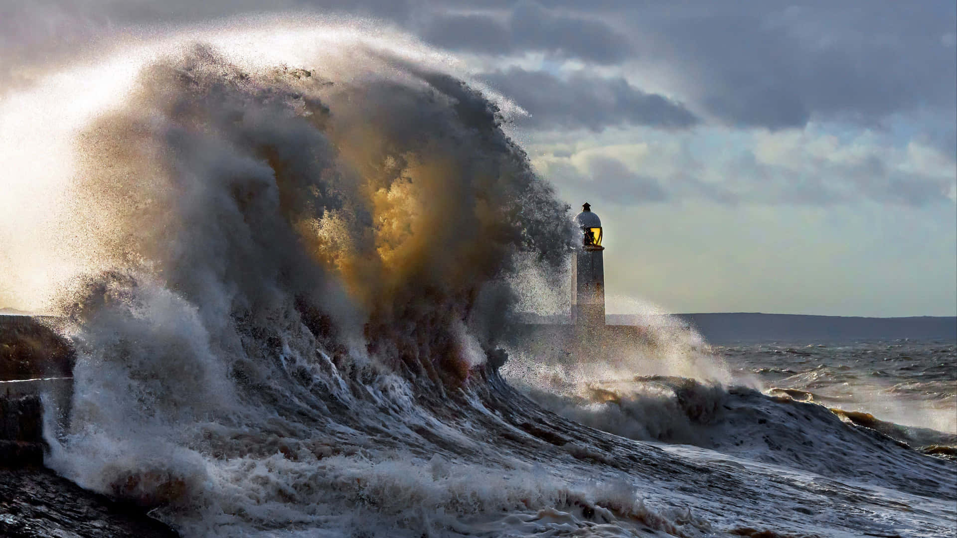 tsunami wave, coastline, lighthouse, Full HD Desktop Wallpaper