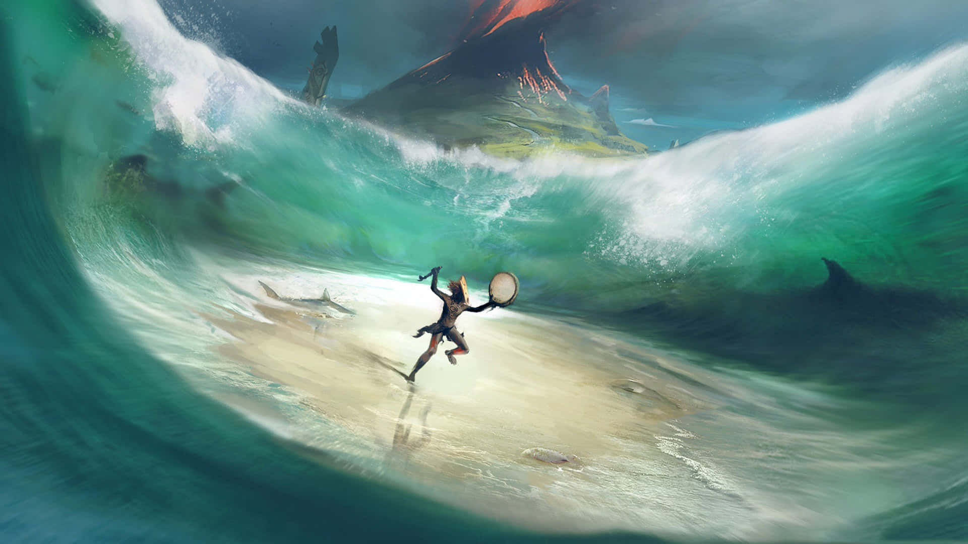 tsunami wave, turquoise wave, sharks, Full HD Desktop Wallpaper
