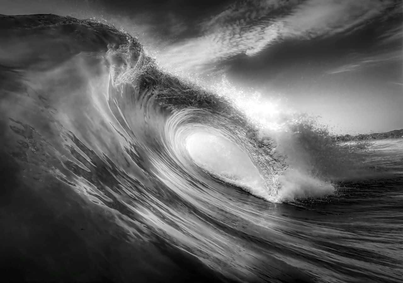ferocious tsunami waves, approaching shore, monochrome wave, HD Desktop Wallpaper