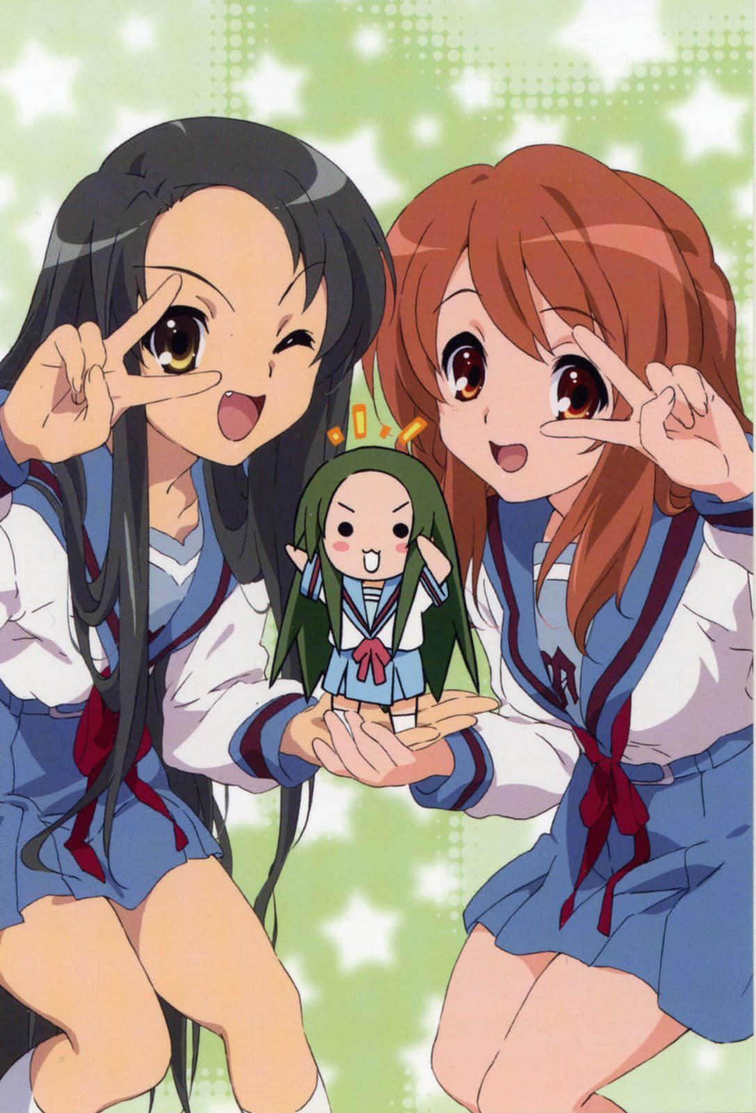 Tsuruya, chibi doll, sparkling green background, HD Phone Wallpaper
