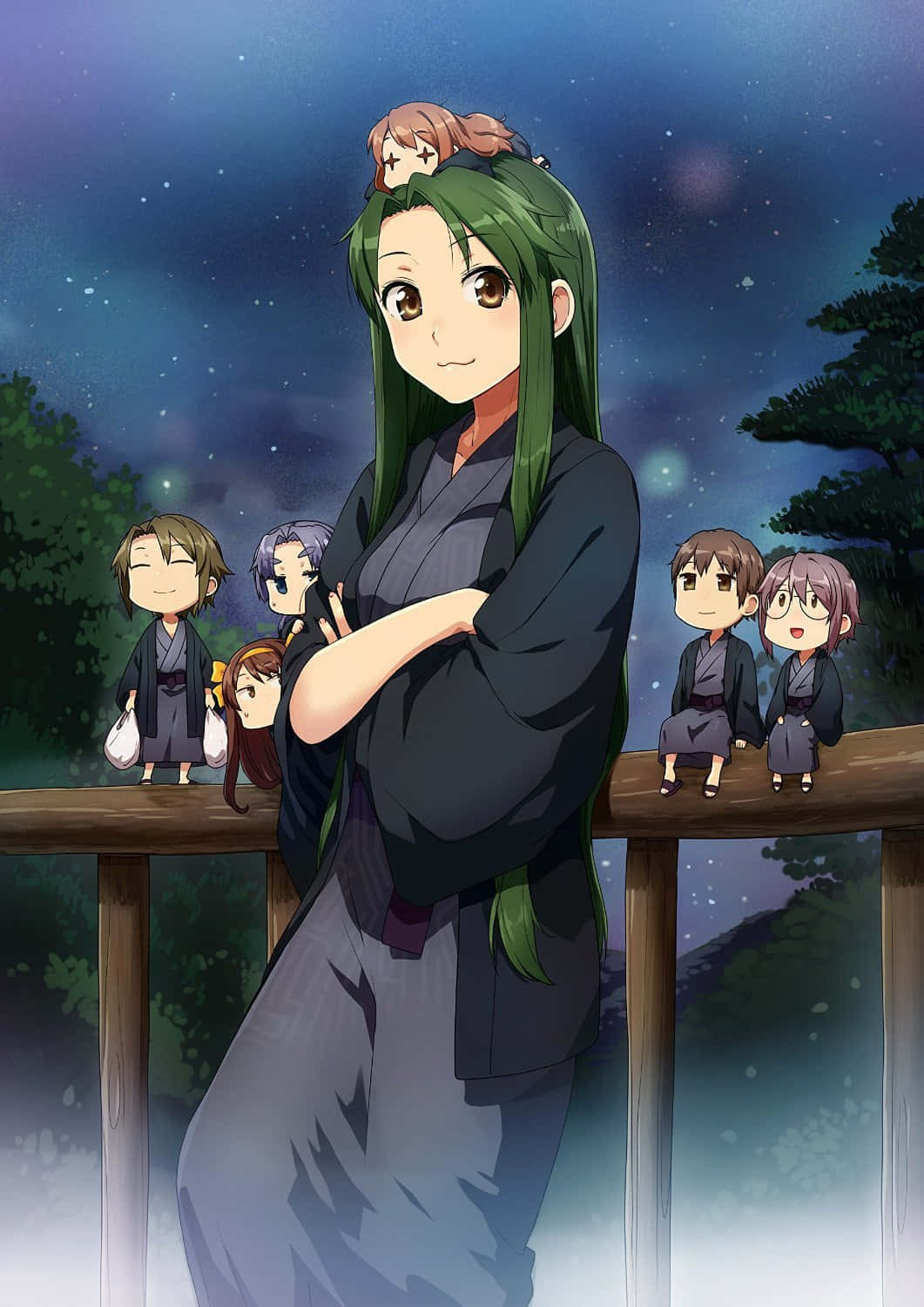 Tsuruya, green-haired anime girl, dark kimono, HD Phone Wallpaper