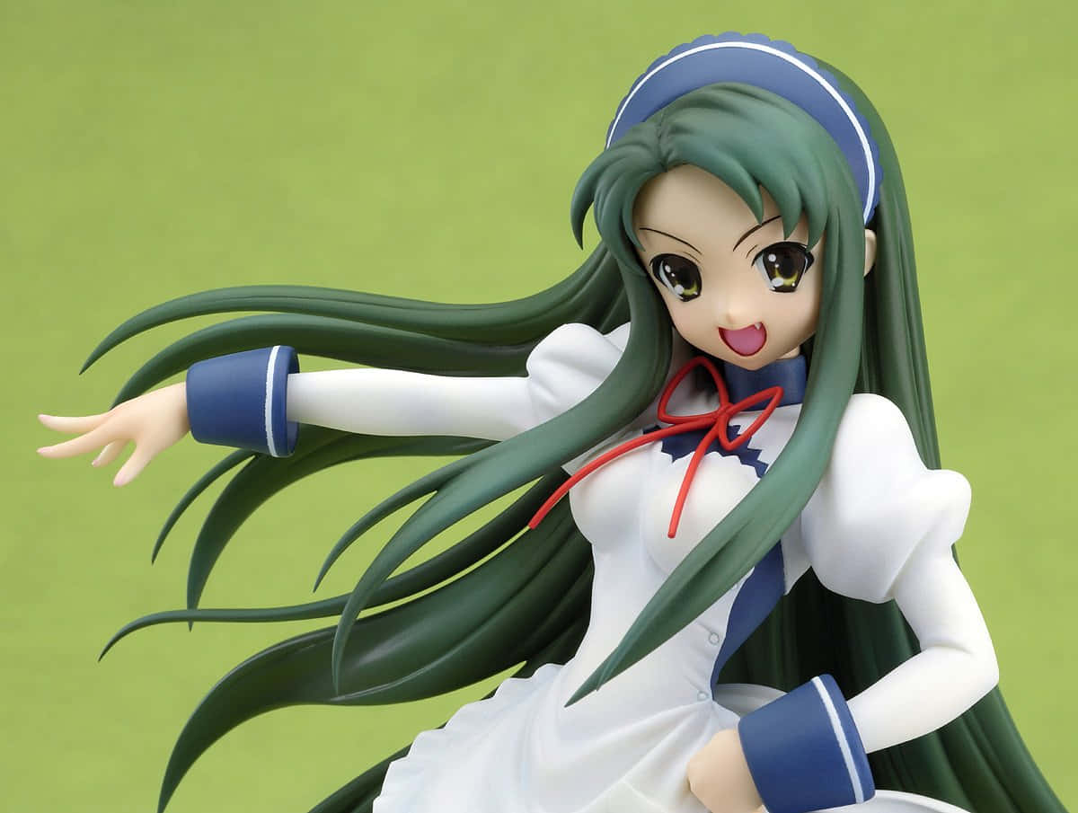 Tsuruya Figure, green background, long green hair, SD Desktop Wallpaper