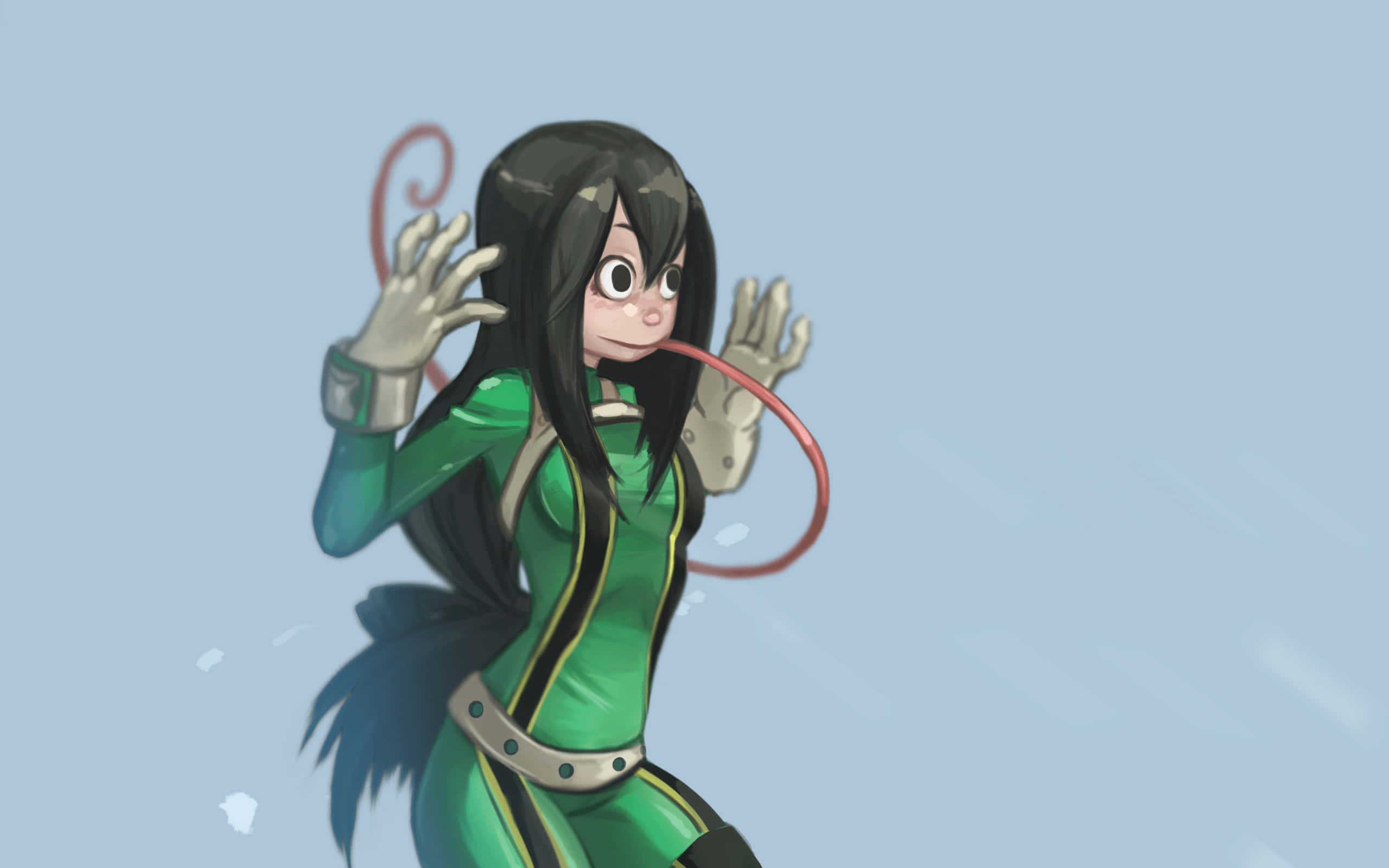 Tsuyu Asui, green hero suit, red energy tendrils, 2K Desktop Wallpaper