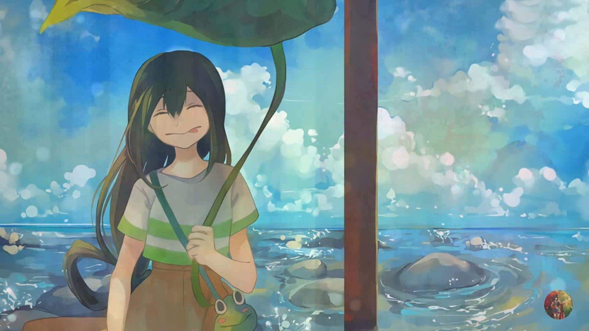 Tsuyu Asui, lotus leaf umbrella, seaside pier, Full HD Desktop Wallpaper