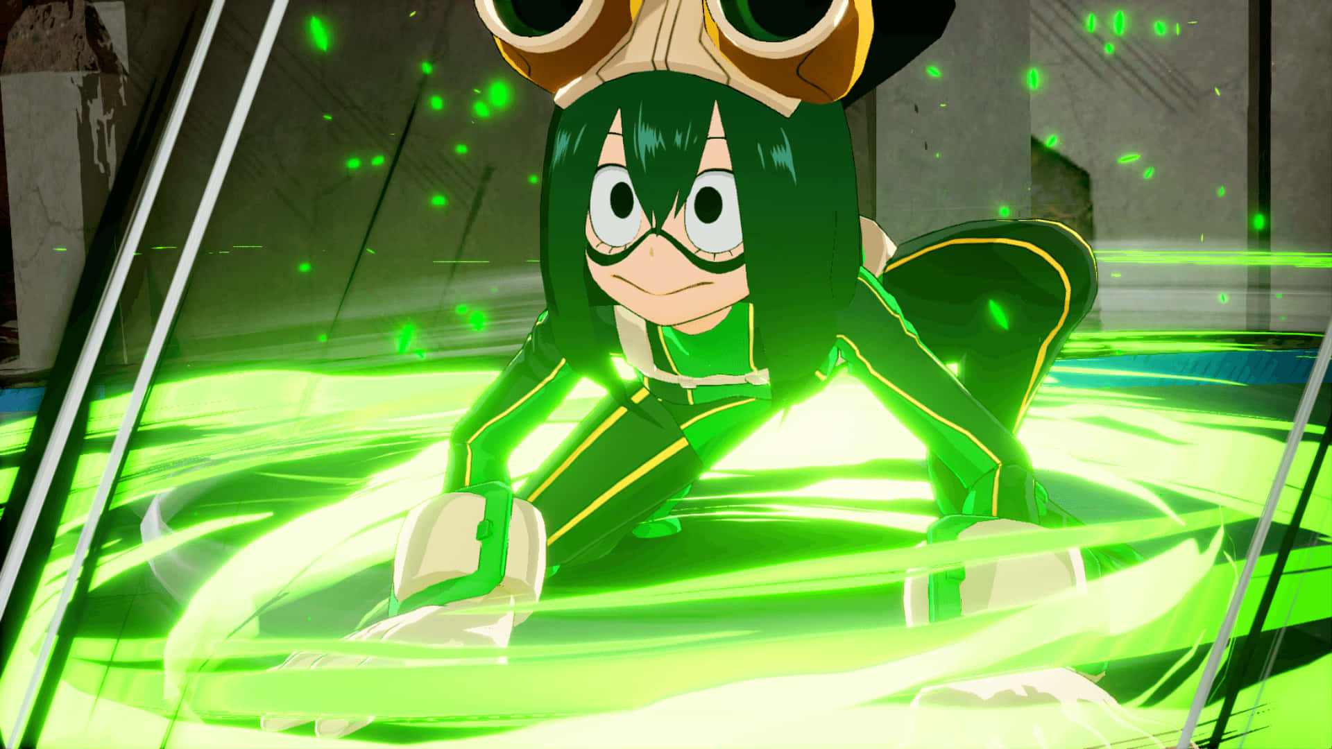 Tsuyu Asui, green-haired anime girl, glowing green suit, Full HD Desktop Wallpaper