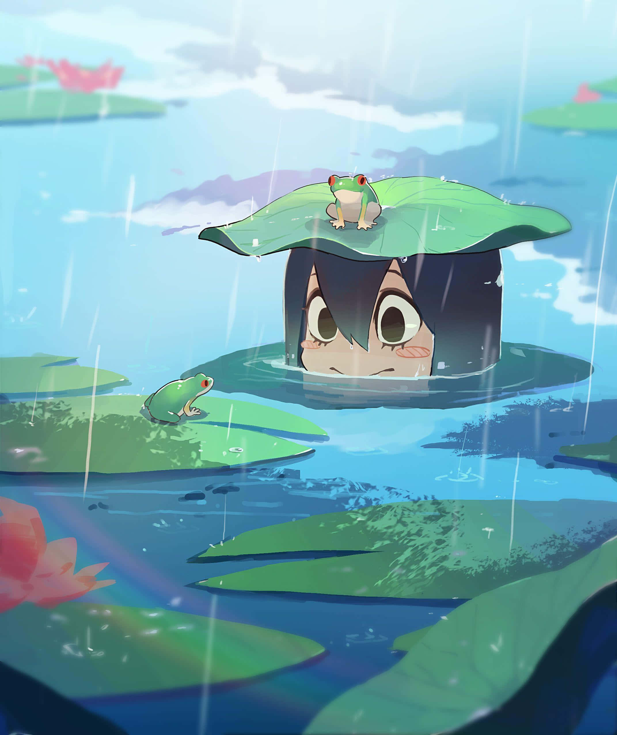 Tsuyu Asui, lily pad, rain, Full HD Phone Wallpaper