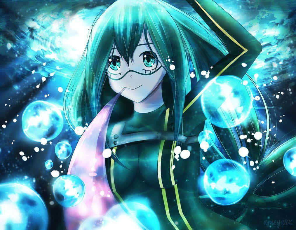 Tsuyu Asui, teal hair, glowing blue orbs, SD Desktop Wallpaper