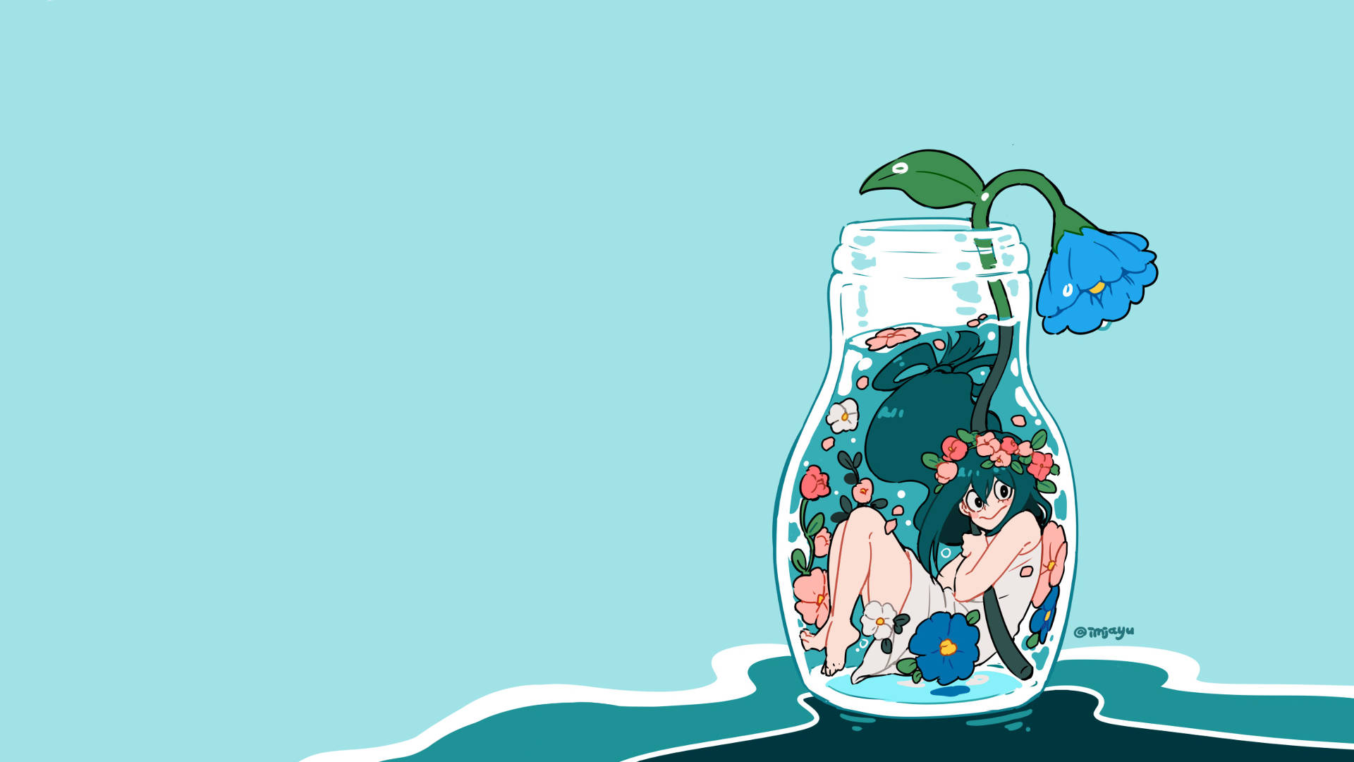 Tsuyu Asui, teal hair, glass jar, Full HD Desktop Wallpaper