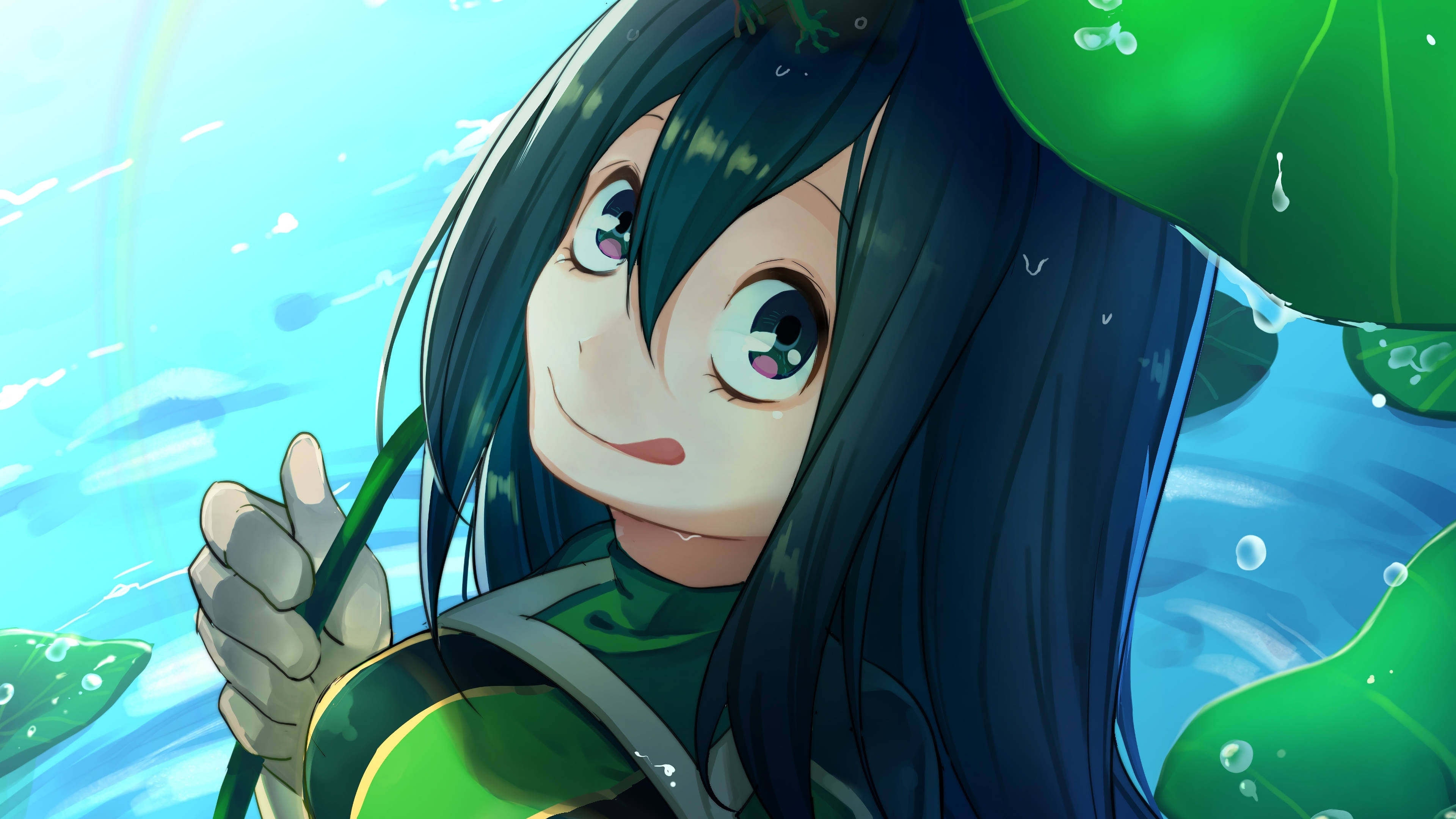 Tsuyu Asui, green lily pad, bright blue pond, 4K Desktop Wallpaper
